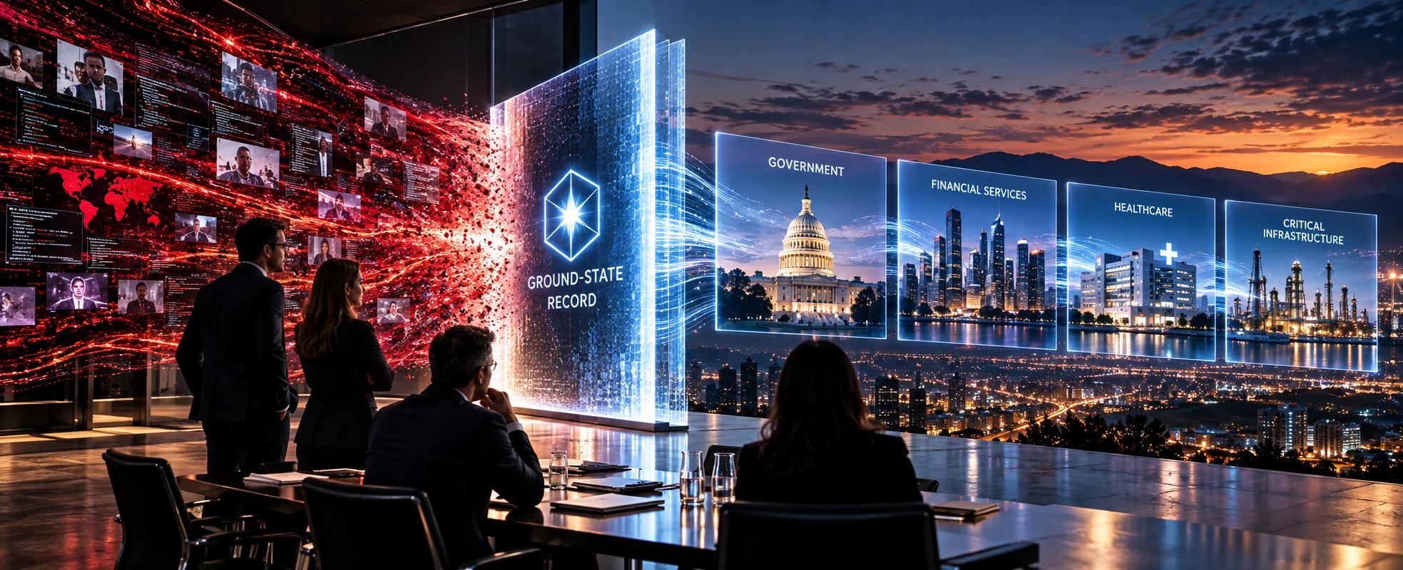 Executives in a boardroom watch a red storm of attacks break against a glass wall marked Ground-State Record; beyond it stand Government, Financial Services, Healthcare and Critical Infrastructure.