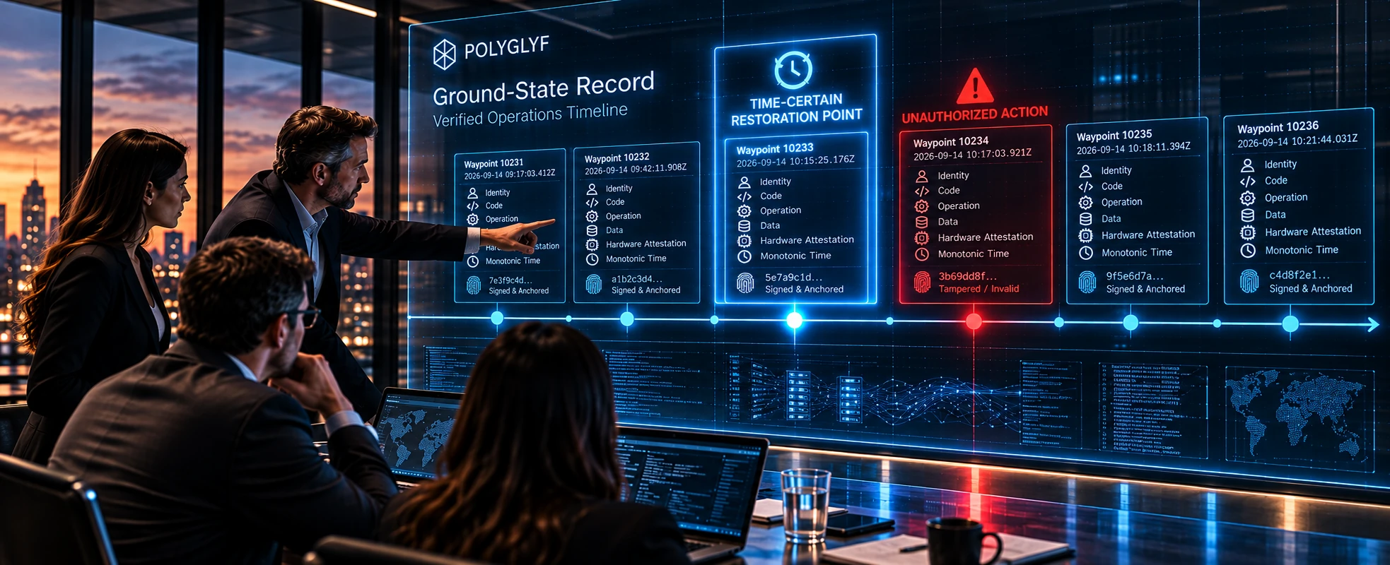 Executives review a Ground-State Record timeline: sealed waypoints, a time-certain restoration point at waypoint 10233, then an unauthorized action at 10234 marked tampered and invalid.