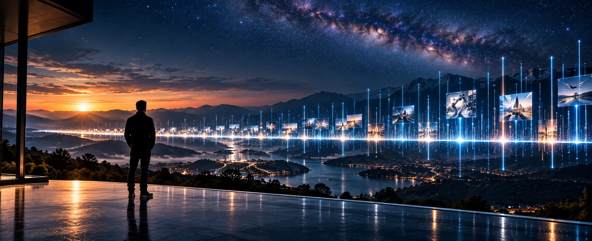 A person stands on a terrace at night before a line of light that runs to the horizon, carrying a sequence of frames.