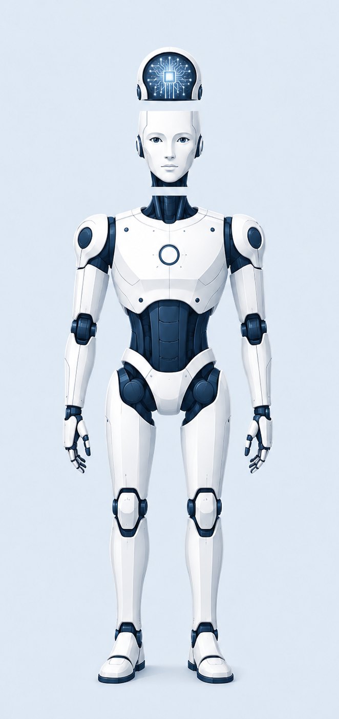 A white humanoid robot standing upright. Its head is open at the top to show a glowing circuit board, the AI model, above its face.