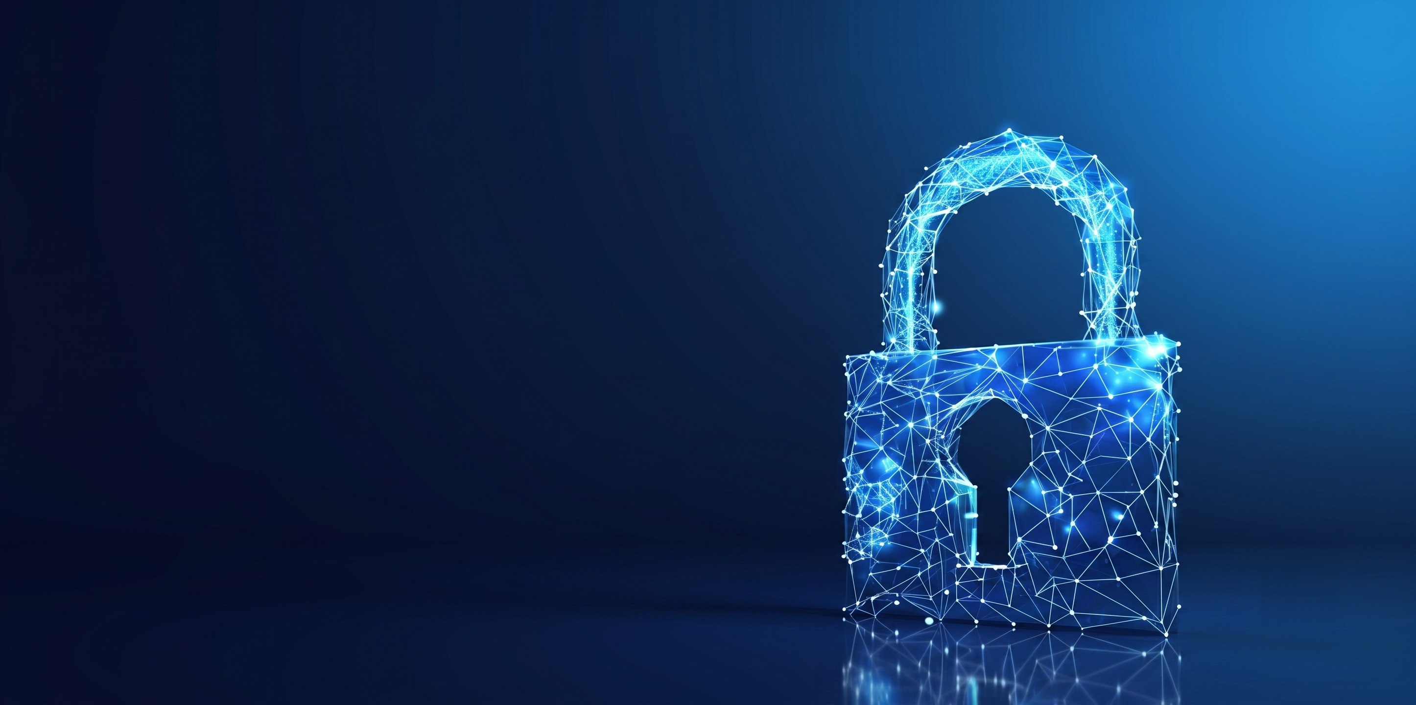 A glowing wireframe padlock standing on a dark blue field.