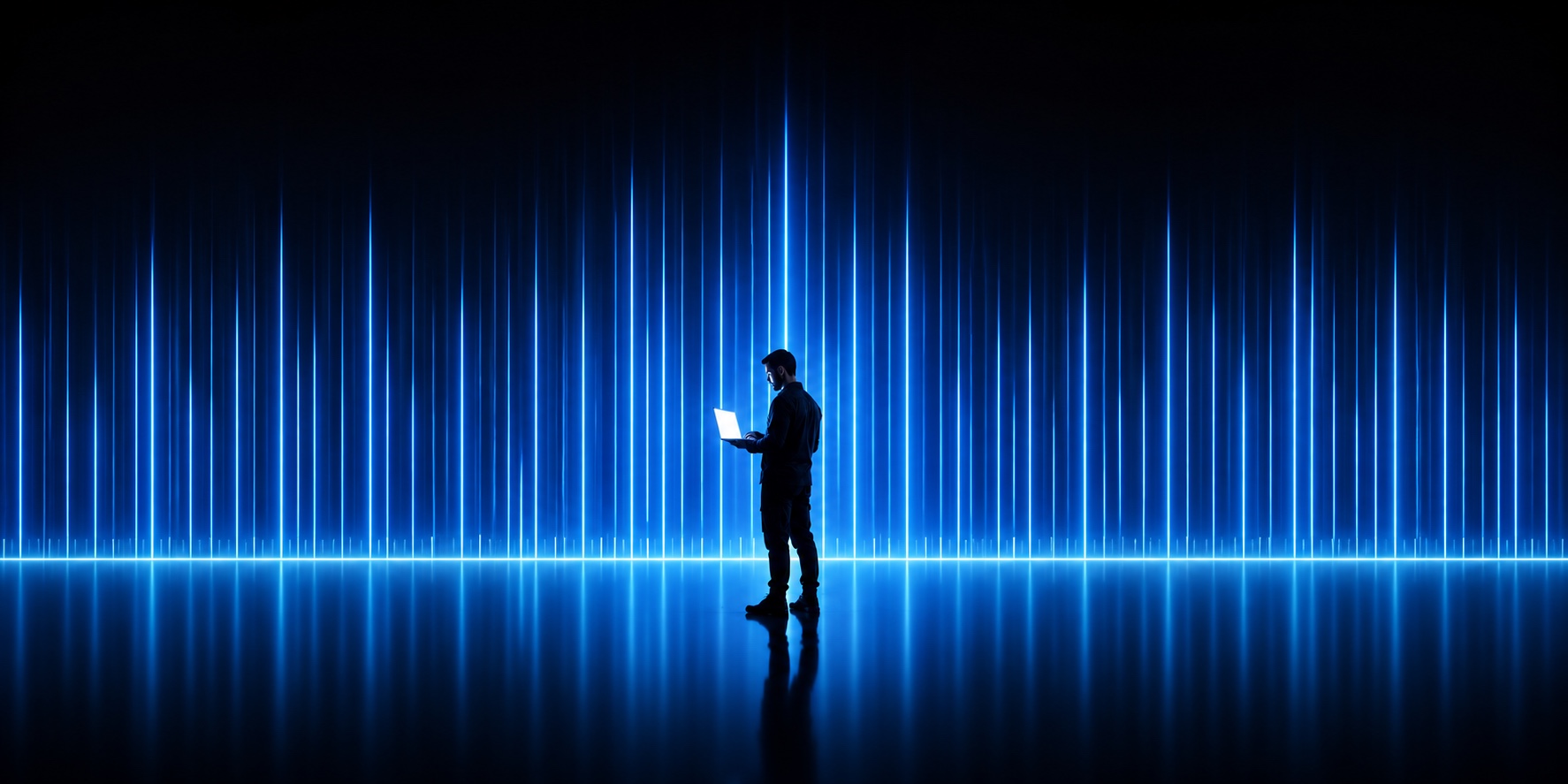 A person stands with a laptop before a wall of vertical light lines rising from a reflective floor.
